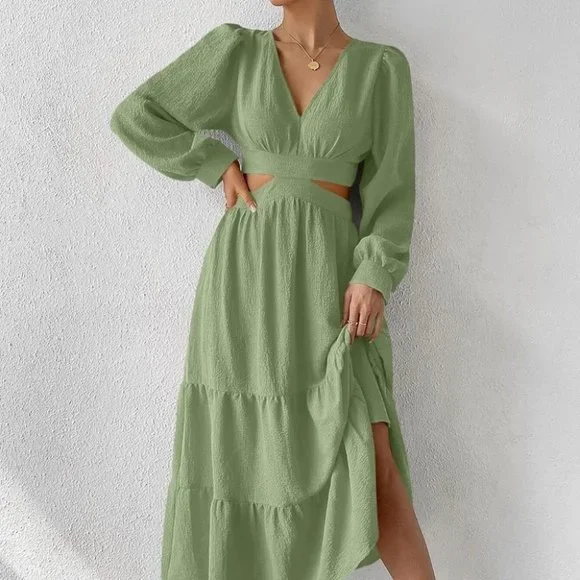 Cut Out Waist Lantern Sleeve Ruffle Hem green Dress maxi - Picture 2 of 5